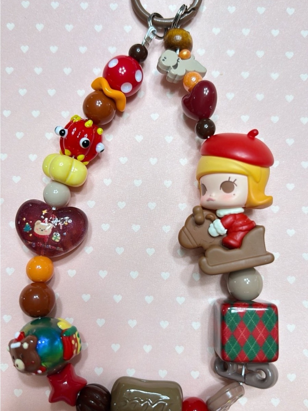 Whimsical Girl on Rocking Horse Beaded Keychain - Red, Brown & Cream